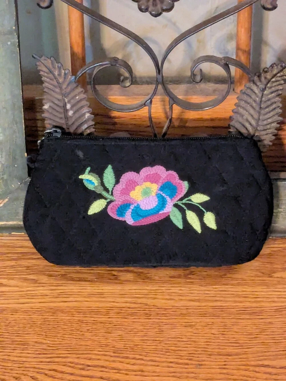 Vera Bradley Adele Quilted Black Embroidered Floral Pouch